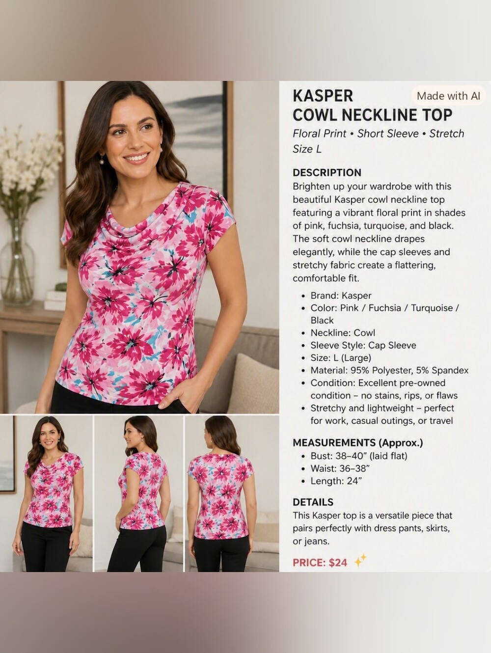 Kasper Floral Cowl Neck Top – Size Large, Stretch Short Sleeve Blouse